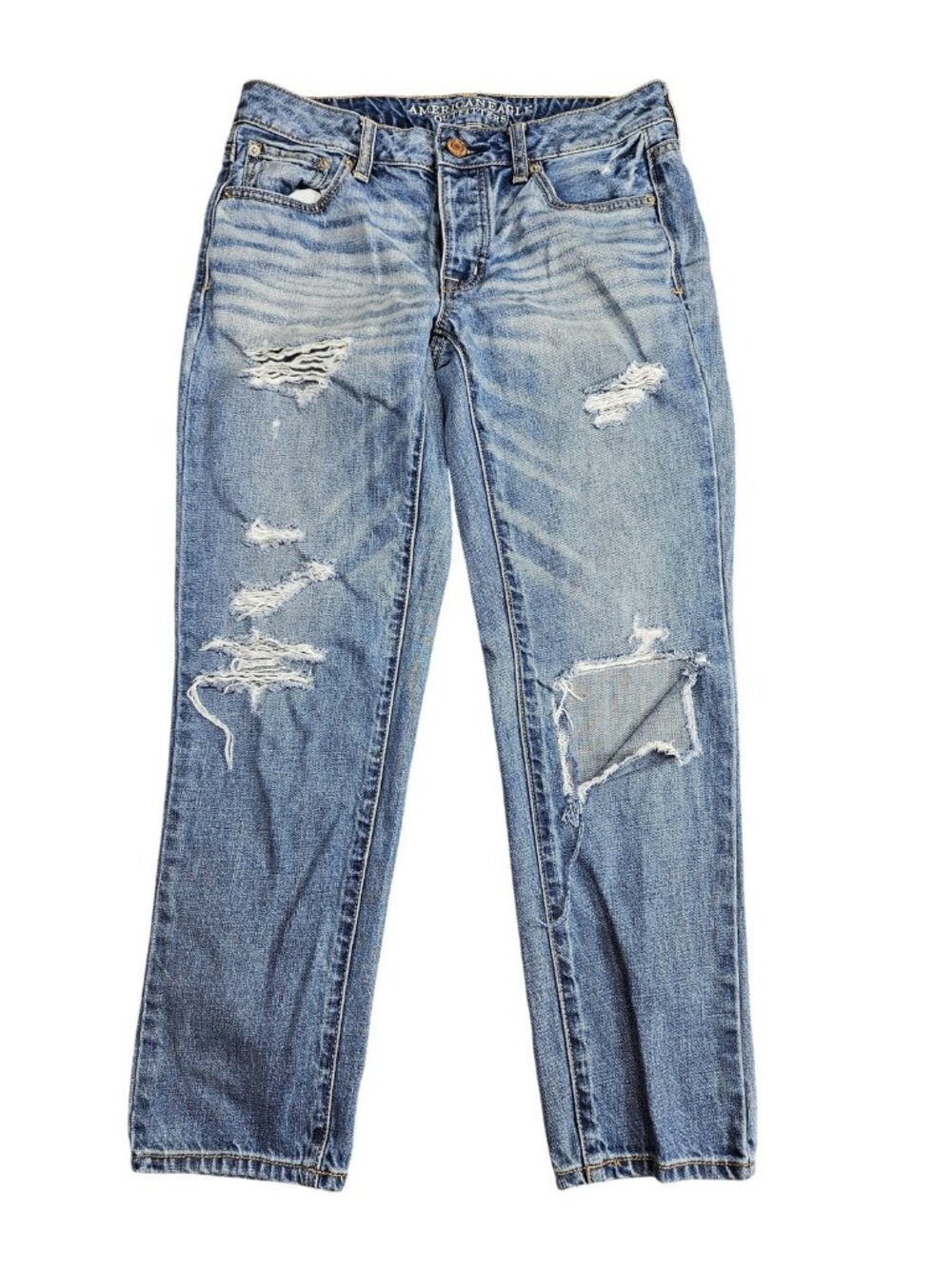 American Eagle Outfitters Boy Crop Boyfriend Jeans Womens 2 Blue Wash Distressed